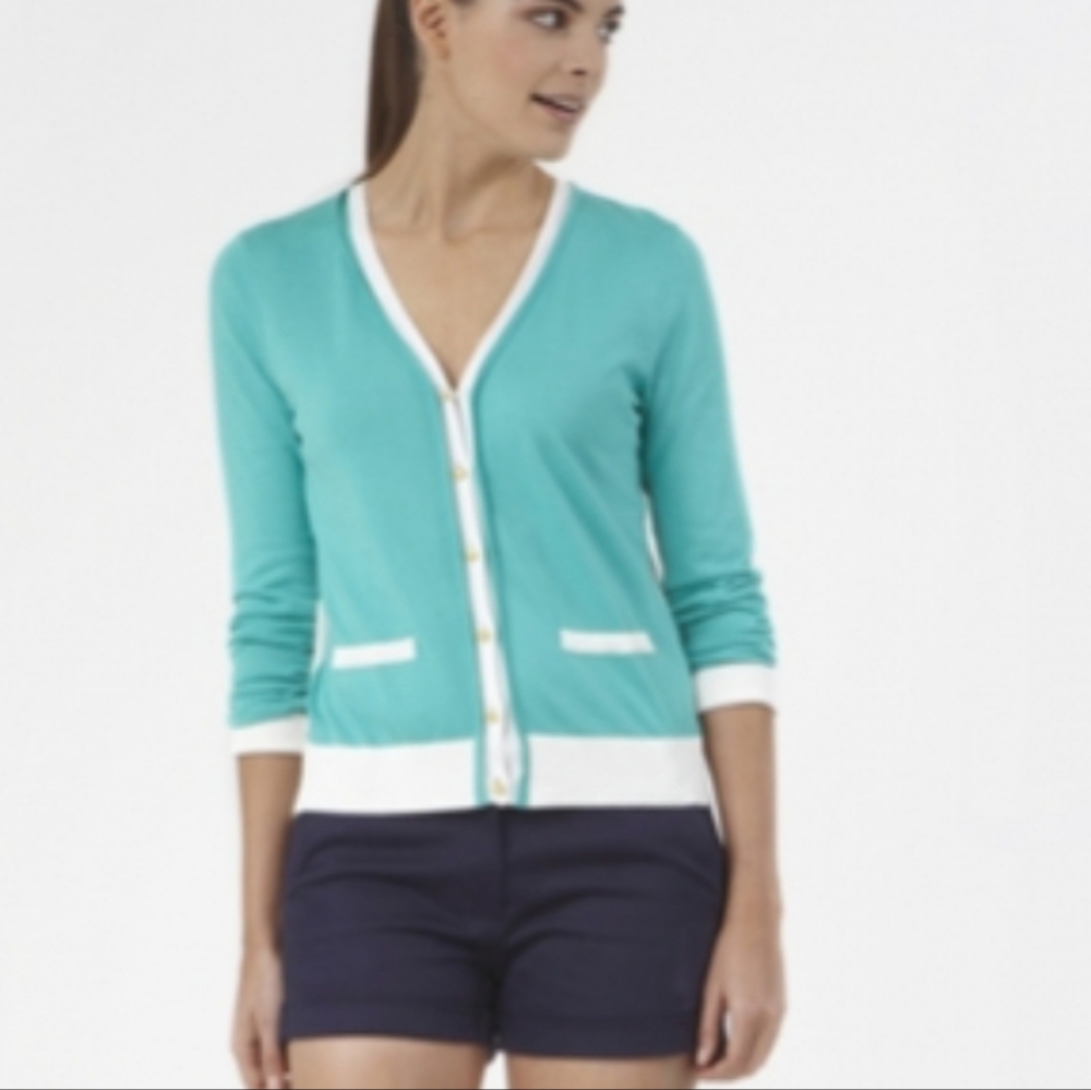 Karen Scott Tiffany Blue Cardigan with White Trim - Picture 2 of 8